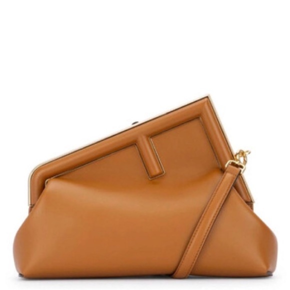 FENDI First Midi Nappa Leather Clutch Brown Camel Gold Hardware - Picture 3 of 12